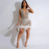 Bodycon Women Backless Lace Up Halter See Through Sequins Mesh Patchwork Sexy Party Dress Feather Hem Fashion Night Club Dress