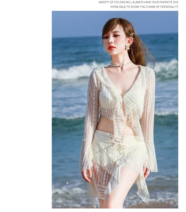 Bikini Sets Women Long Sleeve Irregular Three Pieces Lace-up Summer Sun-proof Vintage European Style Sexy Swimwear Beach Outfit