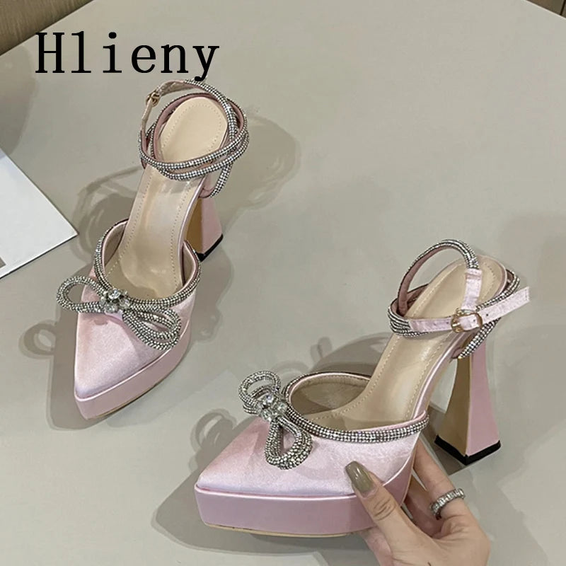 Hlieny 2025 Spring Autumn Women Pumps Fashion Platform Pointed Toe Butterfly-Knot Crystal Party Shoes Ankle Buckle Strap Sandals