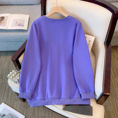 Plus-size women's Fall/Winter Casual commute loose and comfortable hoodie cartoon print purple green V-neck long sleeve top big