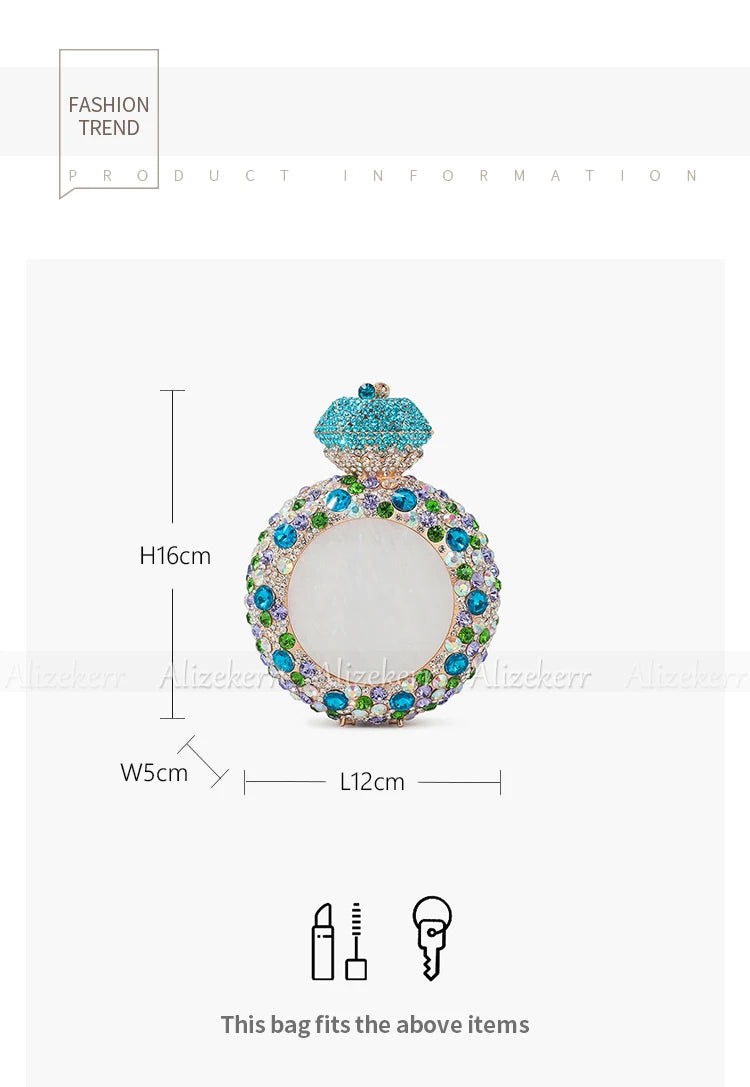 Alizekerr Perfume Bottle Shaped Crystal Evening Bags Women Gorgeous Classy Rhinestone Round Metal Clutch Purses Wedding Party
