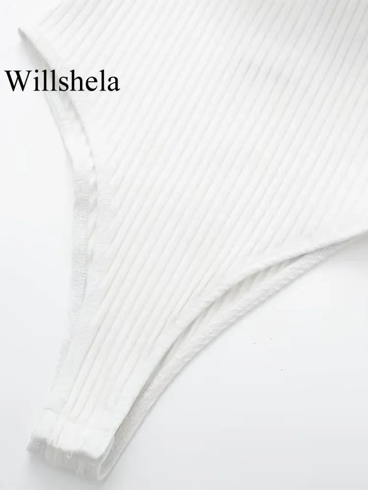 Willshela Women Fashion Ribbed Bodysuit With Organza Ruffle Vintage High Elastic Sexy y2k Female Chic Lady Tops body femme