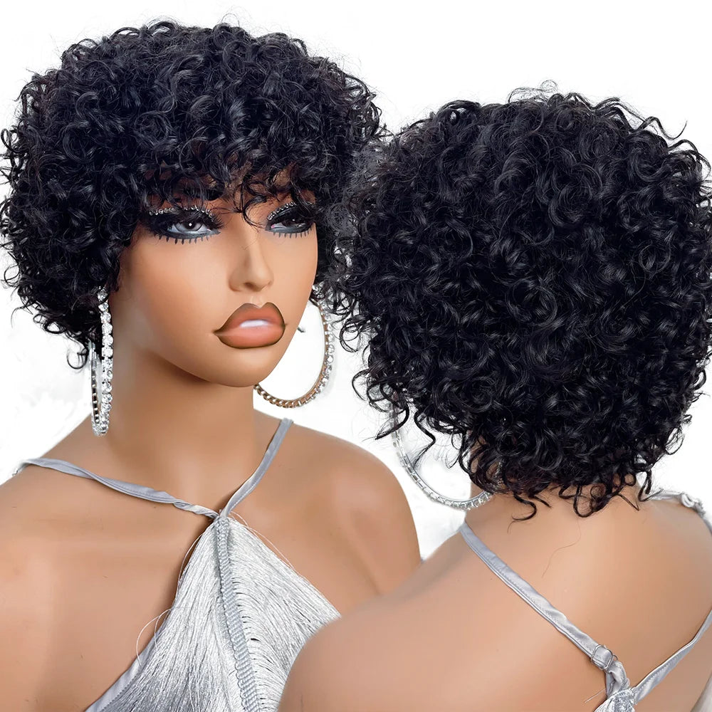 Pixie Cut Human Hair Wigs For Black Women Afro Rose Curly Funmi Glueless Wigs with Bangs Short Bouncy Curly Bob Wig With Bangs