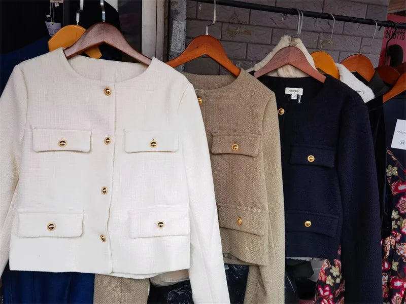 MUJER 2025 Cropped Tweed Jacket Woman Coat Button Long Sleeve Elegant Jackets For Women Short Coats Fashion New In Outerwears