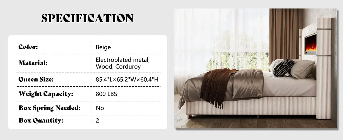 Bed Frame with Fireplace,Wingback Platform Bed Frame with 60.4“ Extra Tall Headboard,Corduroy Upholstered Bed Frame Wooden Slats