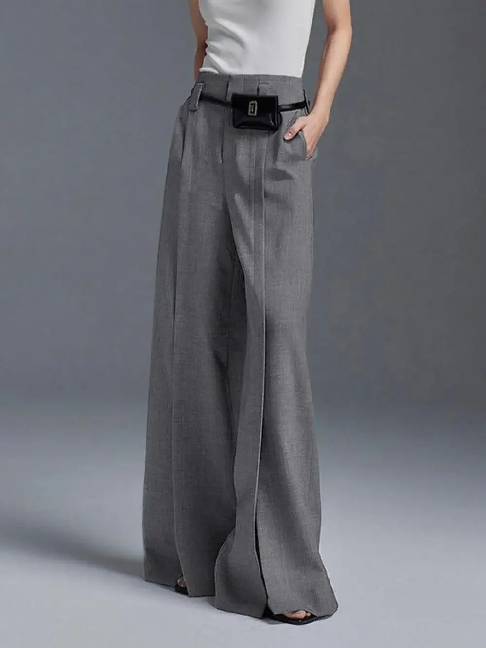 Yeezzi Urban Female Suit Pants 2025 New Fashion Black White Color Loose Straight Pant High-Waisted Pleated Split-Front Trousers