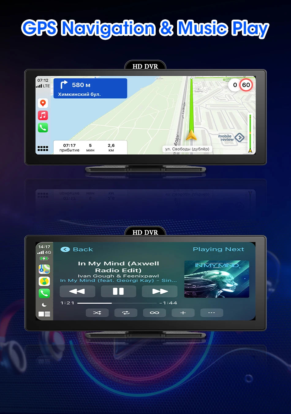 11.26 Inch 4K DVR Wireless CarPlay & Android Auto Dash Cam Bluetooth Audio GPS Navigation Dashboard Dual Lens Video Recorder