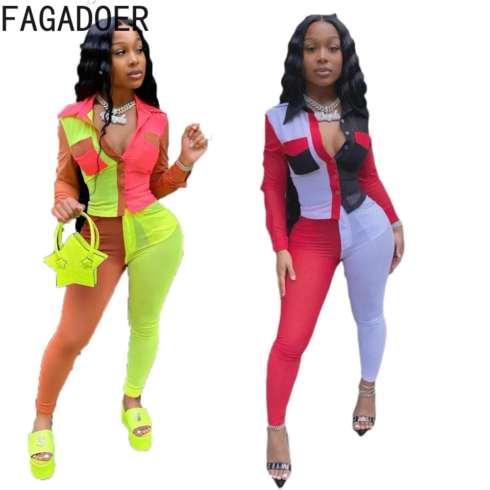 FAGADOER Neon Color Patchwork Two Piece Set Women Button Up Full Sleeve Top And Leggings Outfits Autumn Club Birthday Tracksuits