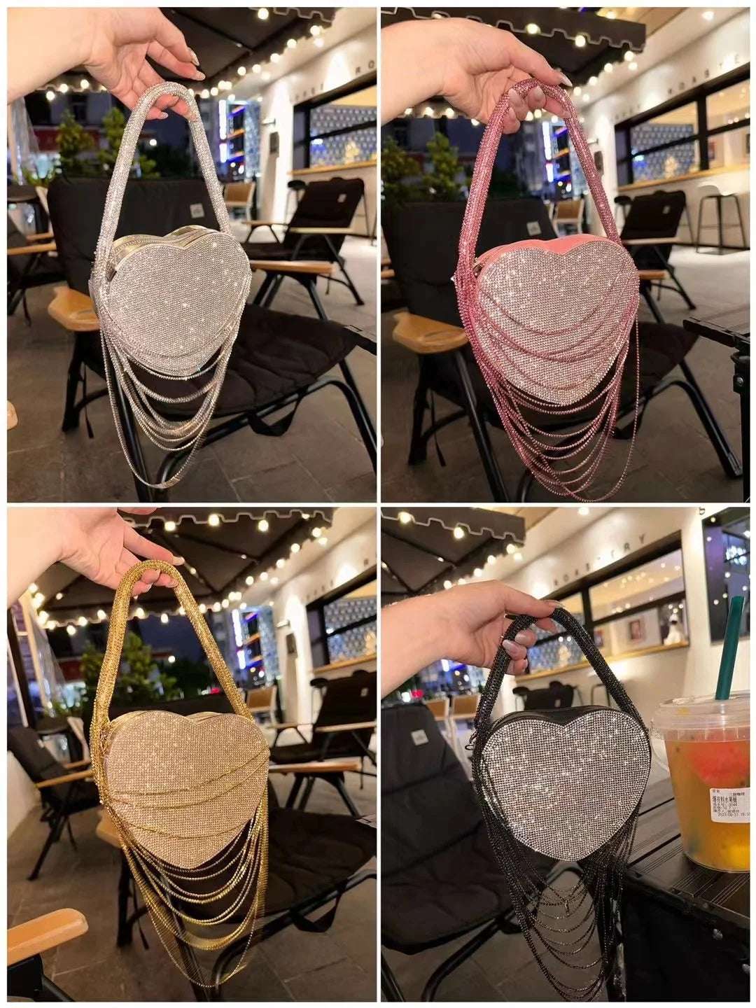 Bling Tassel Heart-shape Satin Bag Glitter Rhinestone Diamond Evening Bag Women Handbag Wedding Party Clutch Purse Crossbody Bag