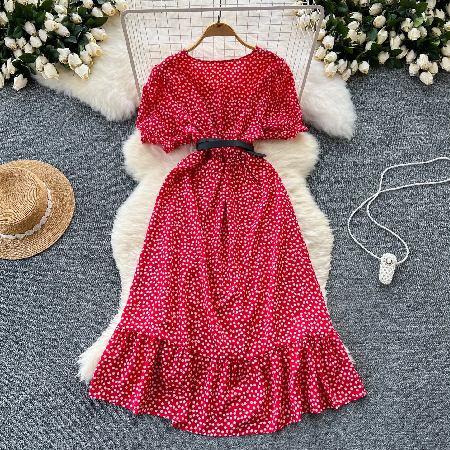 Summer Pleated Women Buttons Dresses Casual Beach Holiday Short Sleeve V Neck Woman Midi Dress Bohemian Mujer Vestidos