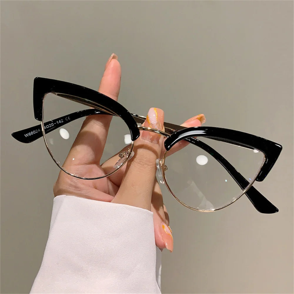 2023 New Vintage Cat Eye Glasses Frame New Stylish Semi Metal Rim Women Eyewear Trendy Brand Design Non-prescription Eyeglasses