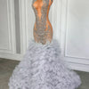 Puffy Tiered Ruffle Silver Long Prom Dress Black Girls Luxury Crystal Rhinestones See Through Mermaid Prom Gowns Customized