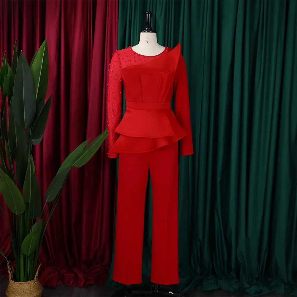 Luxury Jumpsuits & Rompers for Women Round Neck Beaded Transparent Sleeve High Waisted Elegant Female Birthday Party Overalls