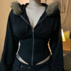 BIIKPIIK Fur Collar Hooded Women Coats Casual Zipper Slim Hoodies Simple All-match Black Harajuku Coat Autumn Winter Sweatshirts