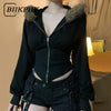 BIIKPIIK Fur Collar Hooded Women Coats Casual Zipper Slim Hoodies Simple All-match Black Harajuku Coat Autumn Winter Sweatshirts