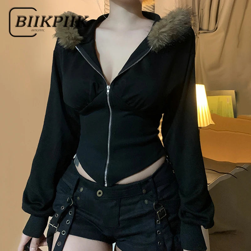 BIIKPIIK Fur Collar Hooded Women Coats Casual Zipper Slim Hoodies Simple All-match Black Harajuku Coat Autumn Winter Sweatshirts
