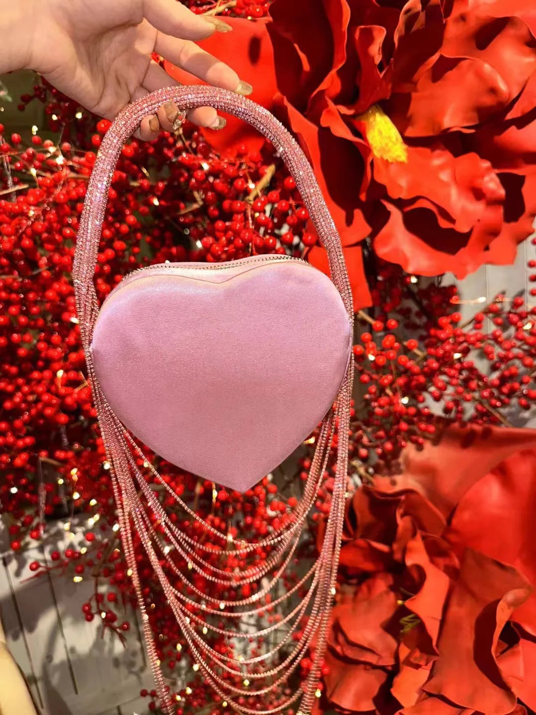 Bling Tassel Heart-shape Satin Bag Glitter Rhinestone Diamond Evening Bag Women Handbag Wedding Party Clutch Purse Crossbody Bag