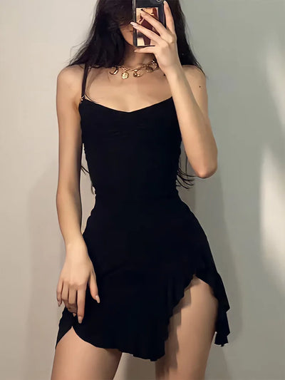 Sexy Summer Mini Dress Women New Black Fashion Streetwear Sleeveless Backless Folds Split Dress Elegant Party Strap A-LINE Dress