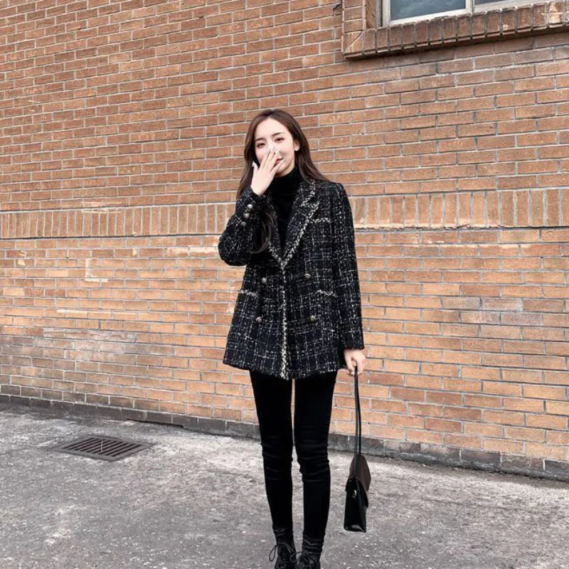 Tweed Plaid Suit Jacket Women Outwear Loose Mid-Length Double-Breasted Casual Woolen Blazer Top 2024 Spring Autumn New Chic Suit
