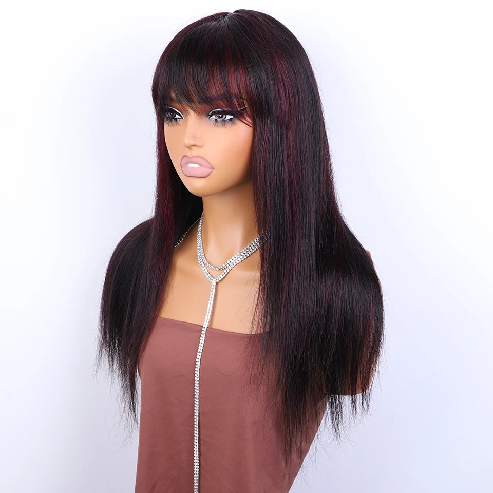Lekker 24" Long Highlight Burg Red Bone Straight Human Hair Wigs With Bangs For Women Brazilian Remy Hair Full Machine Made Wigs