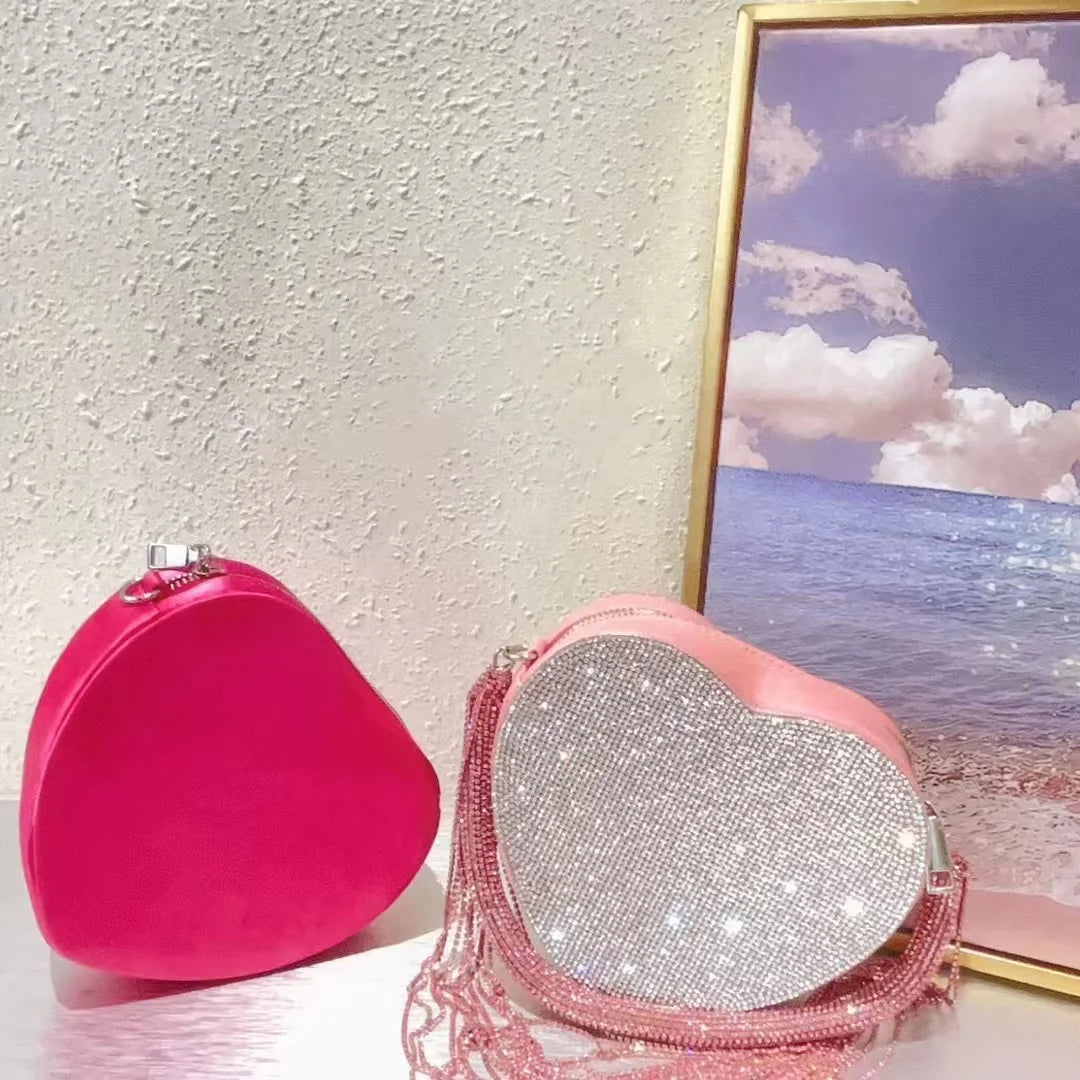 Bling Tassel Heart-shape Satin Bag Glitter Rhinestone Diamond Evening Bag Women Handbag Wedding Party Clutch Purse Crossbody Bag