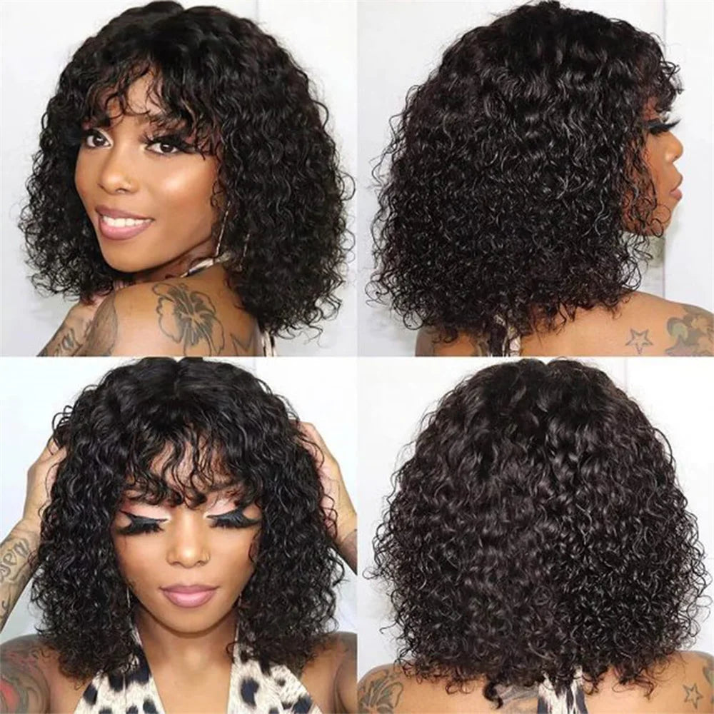 Kinky Curly Short Bob Wig with Bangs Human Hair Straight Bang Bob Wig Glueless Minimalist 2x1 Lace Scalp Bob Bang Wig For Women