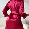 Solid Satin Night Robe Long Sleeve V Neck Robe With Belt Women's Sleepwear