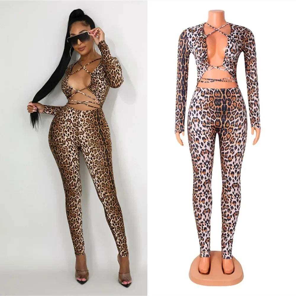 HLJ Sexy Backless Lace Up Leopard Bodycon Jumpsuits Women O Neck Long Sleeve Skinny Pants One Piece Playsuits Fashion Overall