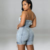 Rompers Women One Piece Elegant Splice Denim Jumpsuits Sexy Slim Fit Strapless Sleeveless Short Pants Sheath Playsuits