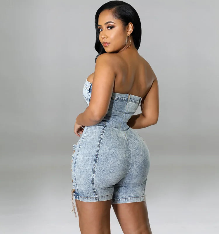 Rompers Women One Piece Elegant Splice Denim Jumpsuits Sexy Slim Fit Strapless Sleeveless Short Pants Sheath Playsuits