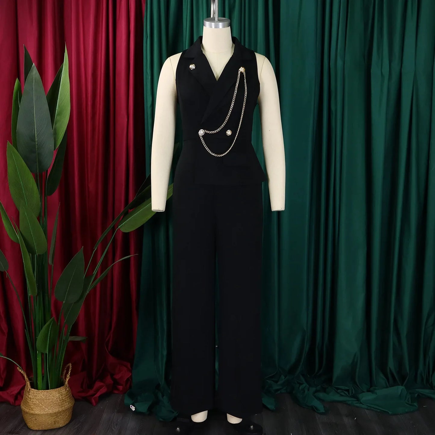 C8604 Foreign Trade Women's Fashionable Sexy Chain Collar Wide Leg African Jumpsuit Casual Style Long Dress For Ladies