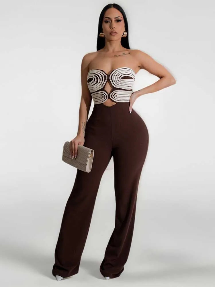 Women Summer Strapless Jumpsuit Sexy One Piece Outfits Cut Out Waist Party Jumpsuit Clothing Lady Full Length Backless Jumpsuits