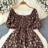 2024 New Summer Flower Print Long Dress Women Vintage Square Neck Ruched Chest Sash Bandage Sundress Party Vestidos
