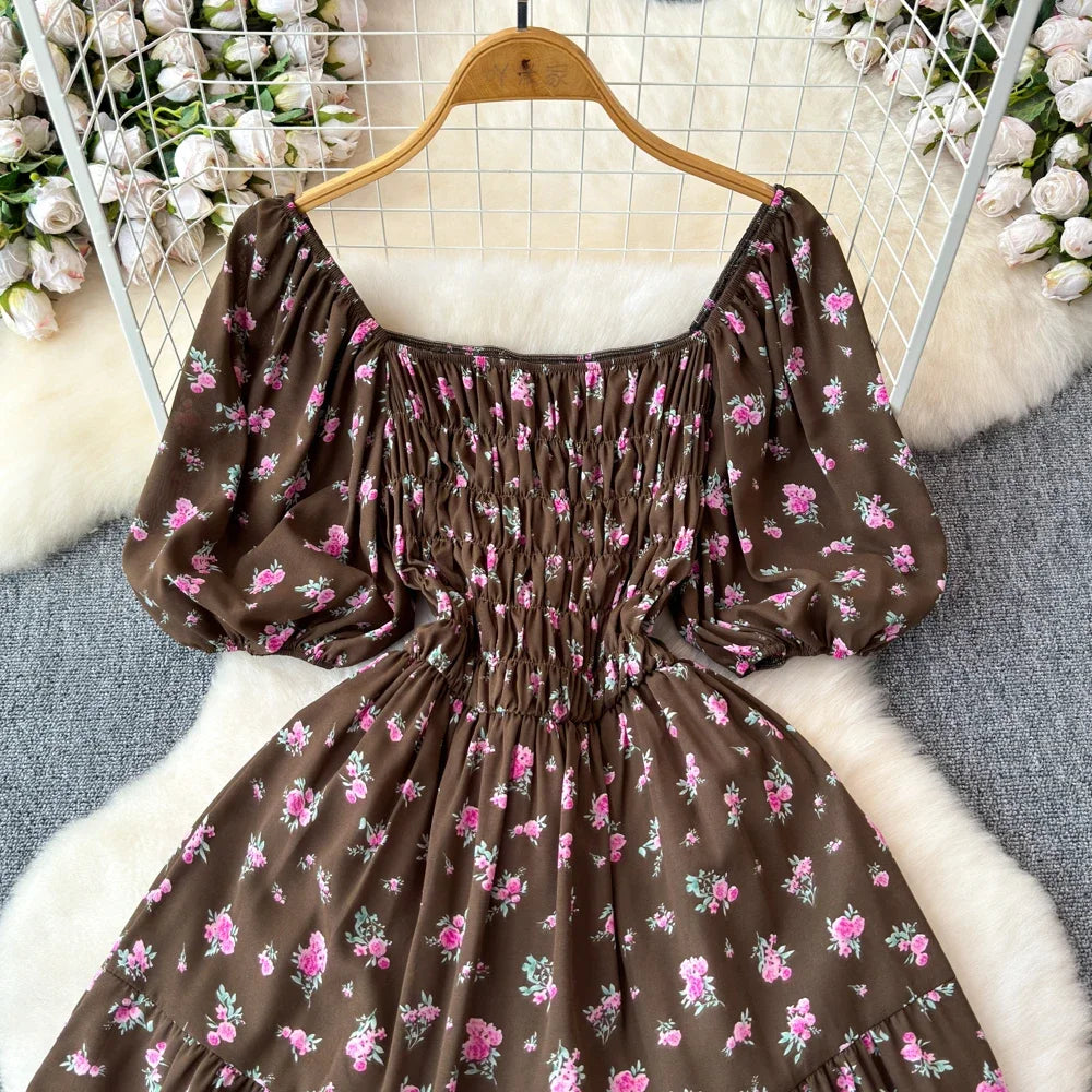 2024 New Summer Flower Print Long Dress Women Vintage Square Neck Ruched Chest Sash Bandage Sundress Party Vestidos
