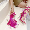 Eilyken Fashion Summer Rhinestone Feather Women Sandals Lace-up Cross-Tied Sexy Gladiator Square Toe Ladies High Heel Shoes
