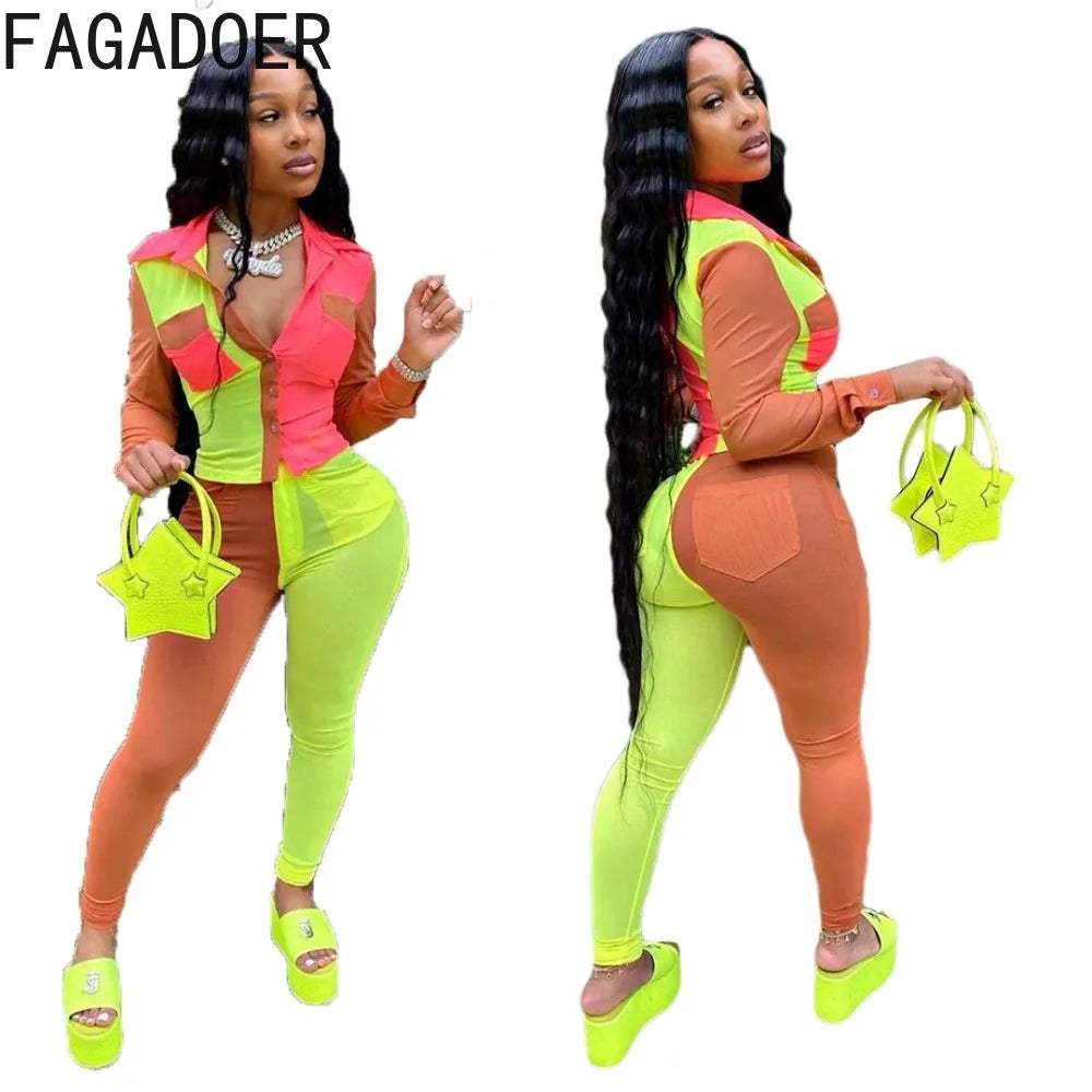FAGADOER Neon Color Patchwork Two Piece Set Women Button Up Full Sleeve Top And Leggings Outfits Autumn Club Birthday Tracksuits