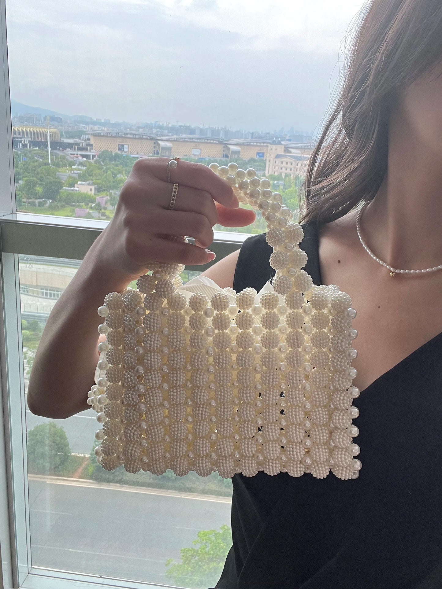 Noble Crystal Beaded Evening Bag Wedding Clutch with Pearl Chain New handmade Pearl chain shoulder bag Handbag evening dress bag