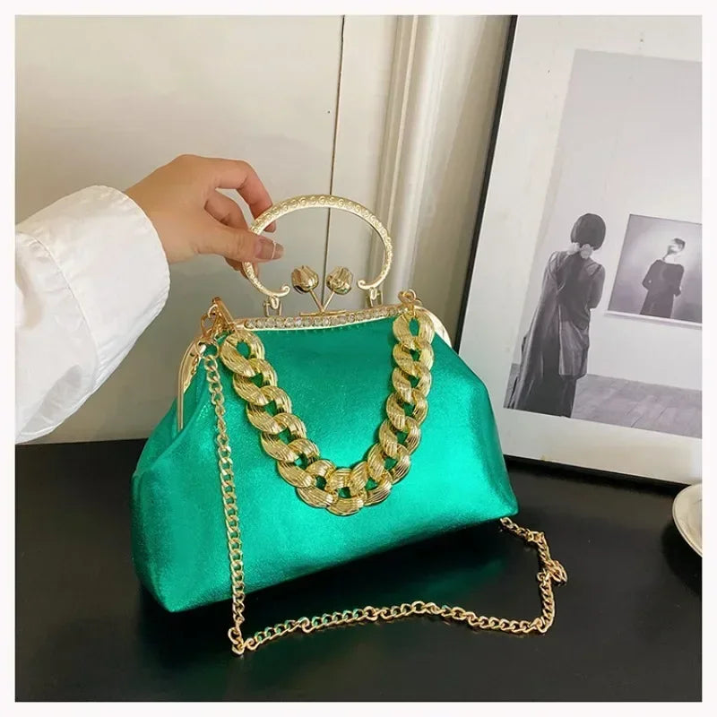 2024 Luxury Women Gold Green Chain Messenger Bags PU Leather Shoulder Bags Shell Clip Designer Handbag And Purse Wedding Clutch
