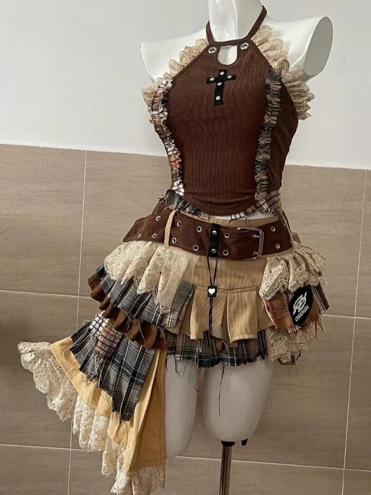 Punk Style Vintage Woman 2 Piece Sets Y2k Design Strapless Crop Tops + High Waist Ruffle Skirt Female Party Korea Style Outfits