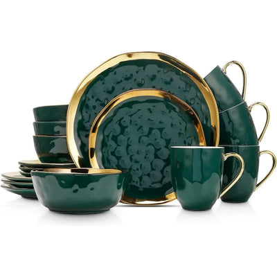 Florian Modern Porcelain 16 Piece Dinnerware Set, Plates and Bowls Set, Dish set for 4, Green and Golden Rim