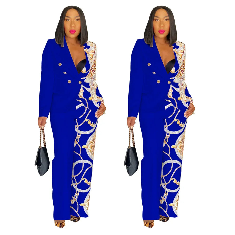 2024 Women Formal Jacket & Trousers Office Lady Outfits Autumn Women Two Pieces Set Print Blazer Coat & Pants Suit Sets Female