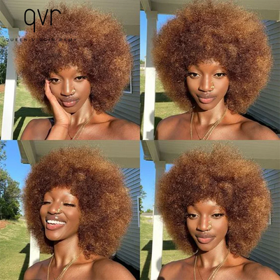 QVR Short Afro Kinky Curly Wigs With Bangs For Women Fluffy Short Afro Curly Wigs Human Hair Wig 180% Density Full Machine Hair