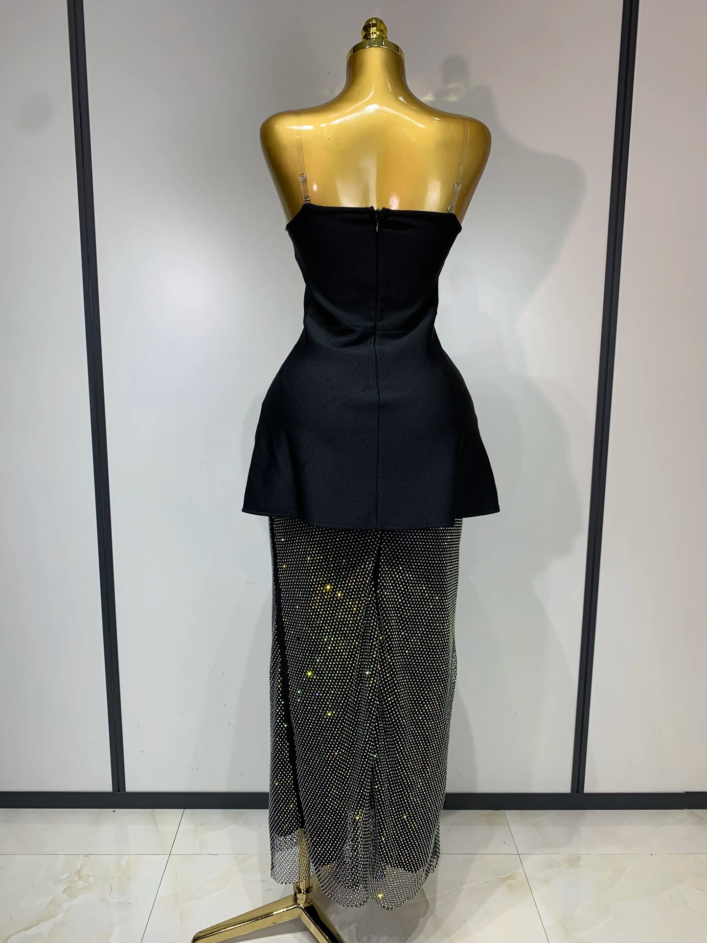 High Quality Black Design Sleeveless Rhinestone Top + Hot diamond Skirt Suit Evening Party Dress Nightclub Luxury Birthday Gown