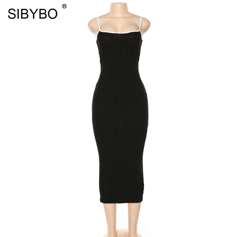 SIBYBO Ribbed Spaghetti Strap Cotton Dress Women Sleeveless O-Neck Summer Dress Solid Backless Long Party Dress
