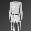 CM.YAYA Women's Set Bow O-Neck Mesh Long Sleeve Tops + Velvet Shorts Suits Streetwear Sexy Two 2 Piece Outfits Tracksuits Summer