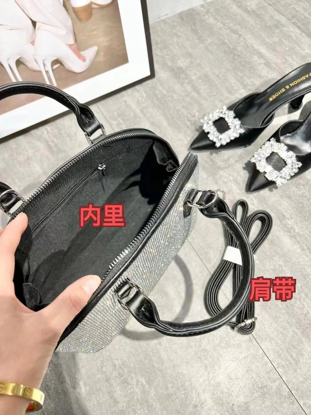 Luxury Crystal Shiny Rhinestone Diamond Bucket Bag Female Bling Evening Bag Lady Purse Women's Handbag Shoulder Messenger Bag