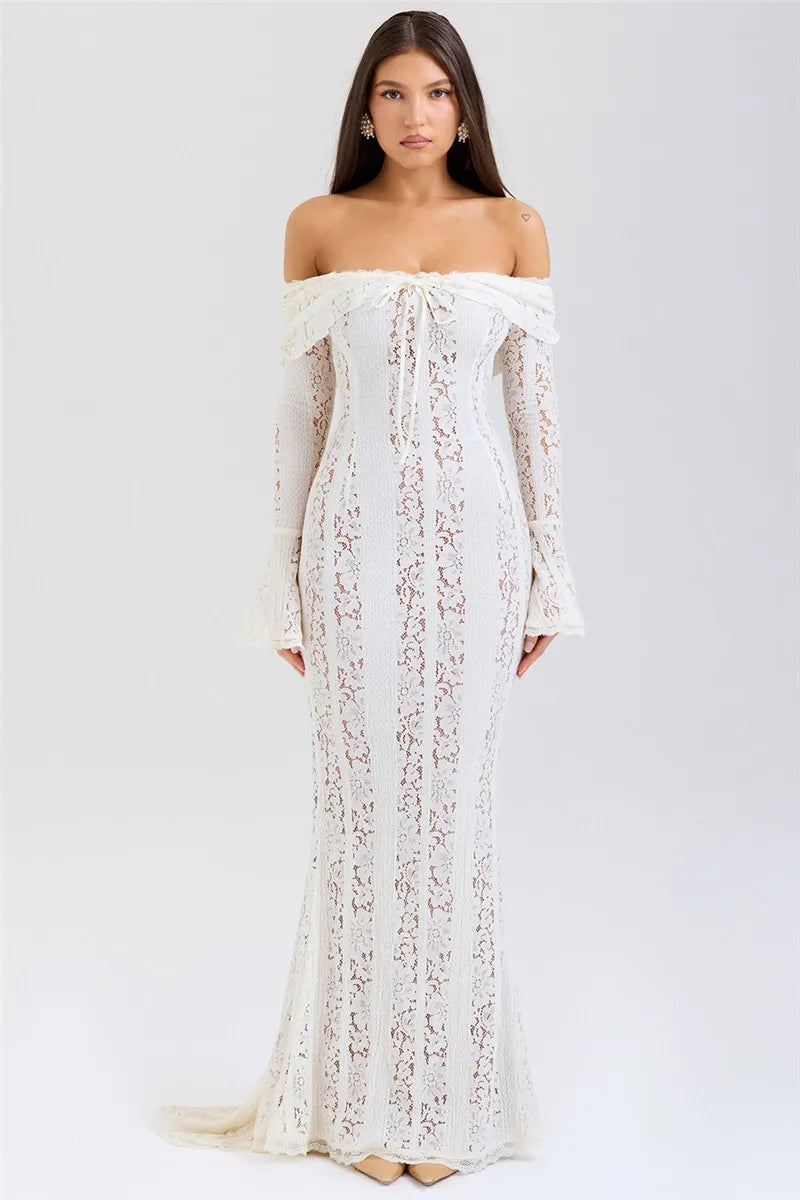 Mozision Floral Lace Off-shoulder Maxi Dress For Women White Strapless Backless Long Sleeve Bodycon Club Party Sexy Long Dress