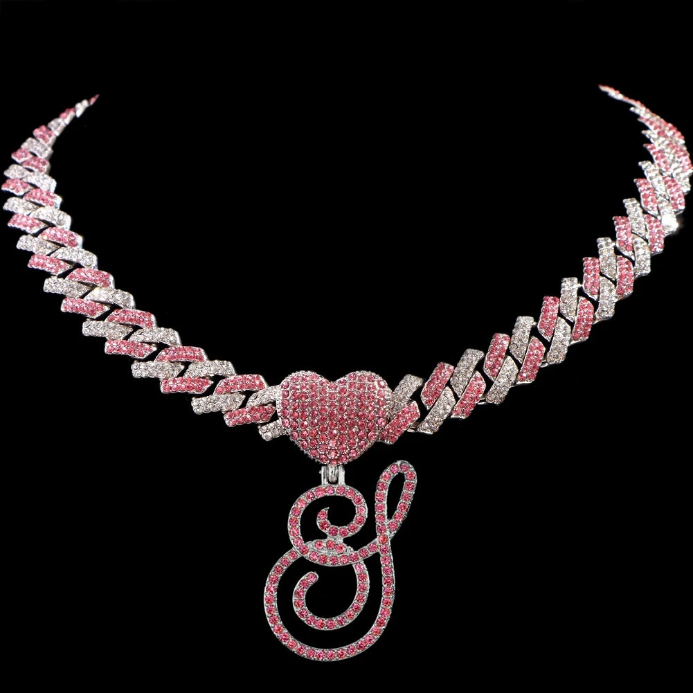 Hip Hop Bling Pink Crystal Cursive Initial Letter Cuban Necklace for Women Iced Out Paved Cuban Chain Necklace Choker Jewelry