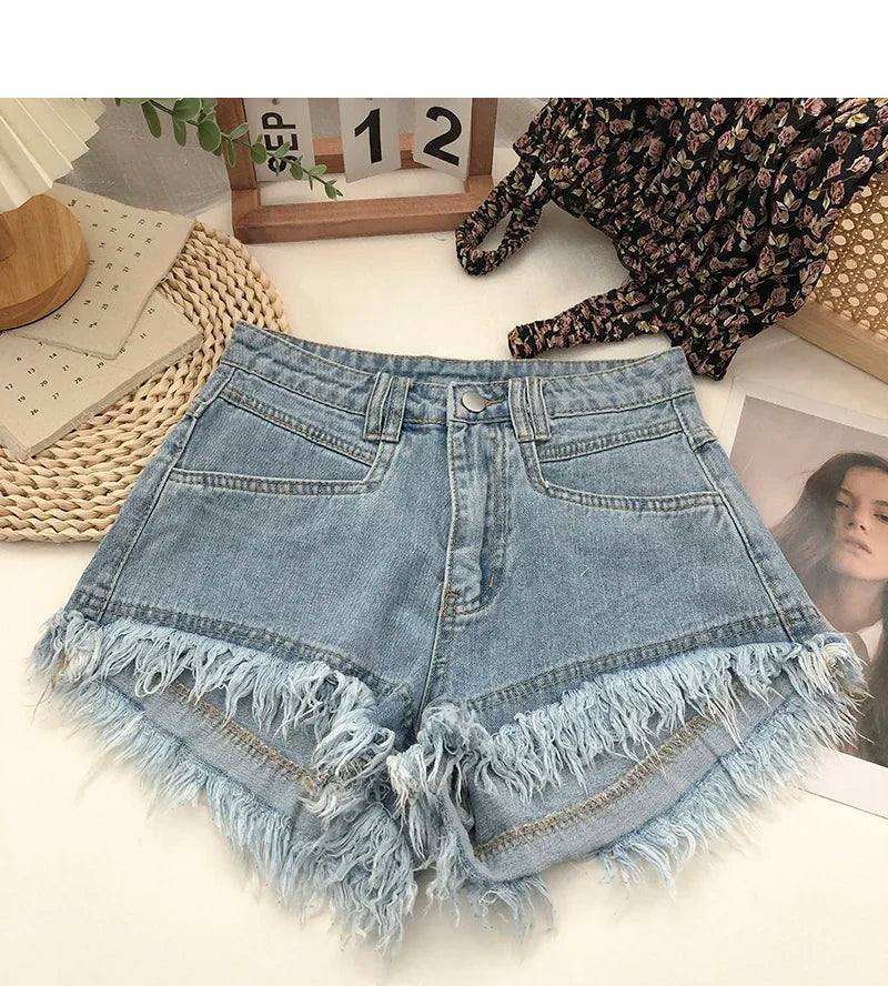 ITOOLIN Women Vintage Tassels Denim Shorts Button Loose High Waist A-line Jean Shorts Casual Women Office Trousers Streetwear