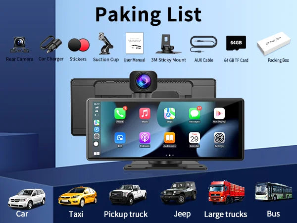 Imagebon 10.26" 4K ADAS Wireless CarPlay & Android Auto Dash Cam Night Vision 24h Park Monitoring Loop Recording GPS FM Car DVR